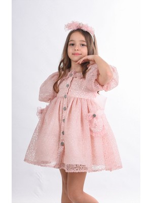 Özel Tasarım Kız Çocuk Abiye Elbise ,taç Aksesuarlı, Cepli ve Dantelli Kız Çocuk Elbisesi