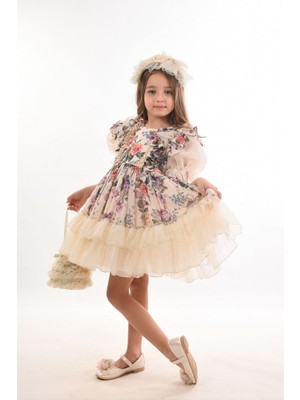 Özel Tasarım Kız Çocuk Abiye Elbise ,çanta ve Taç Aksesuarlı, Fırfır Detaylı Kız Çocuk Elbise