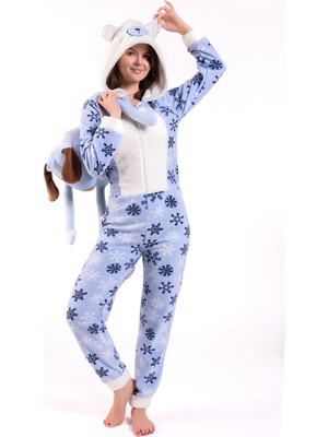 Ecrou Kadın Mavi Kar Desen Polar Tulum