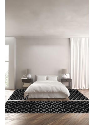 Napoli Home Dijital Baskılı Kaymaz Taban Yıkanabilir Kare Çizgili Üçlü Yatak Odası Takımı, Yo-Sade-56-Siyah,