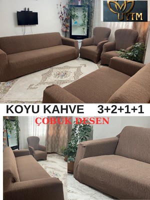 3+2+1+1 Dokuma Jakar Koltuk Örtüsü Lastikli, Esnek Yıkanabilir Koltuk Kanepe Çekyat Örtüsü