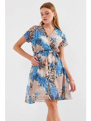 2502 Kısa Kol Desenli Şifon Elbise - Mavi