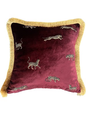 Ge Living Dekoratif Leopar Desenli Bordo Kadife Kırlent Kılıfı 45  x  45  cm