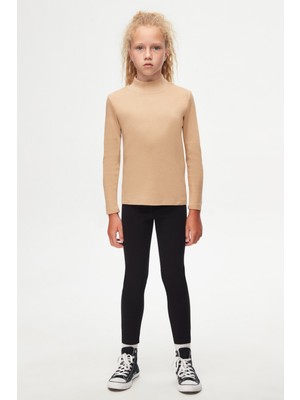 Sütlü Kahve Basic Kışlık Yarım Balıkçı Yaka Uzun Kollu Kız Çocuk Tişört