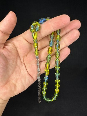 Anemore Collection Sevgiliye Özel Hediye Toz Kehribar Tesbih Yeşil-Mavi Renkli Arpa Kesim 12MMX8MM H-1665.
