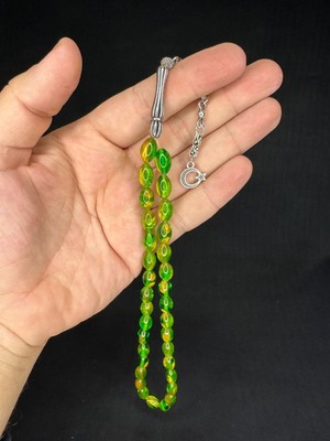 Anemore Collection Sevgiliye Özel Hediye Toz Kehribar Tesbih Yeşil Renkli Beyzi Kesim 11MMX7MM H-1669.