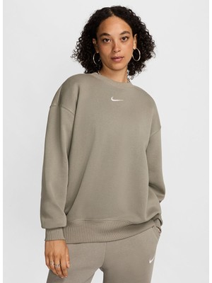 Nike Haki Kadın Yuvarlak Bol Kesim Baskılı Sweatshirt DQ5733-320 W Nsw Phnx Flc Os Crew Beden: S