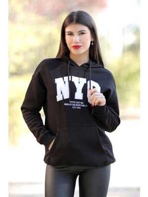 Giysa Kadın Siyah Nyc Nakışlı Kapüşonlu 3ip Sweatshirt - 25161