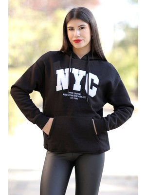 Giysa Kadın Siyah Nyc Nakışlı Kapüşonlu 3ip Sweatshirt - 25161