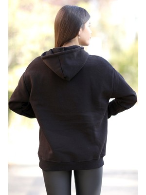 Giysa Kadın Siyah Nyc Nakışlı Kapüşonlu 3ip Sweatshirt - 25161