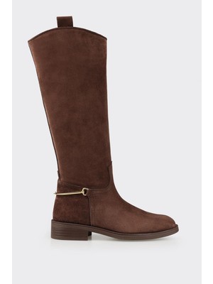Elle Kahve Deri Kadın Düz Çizme