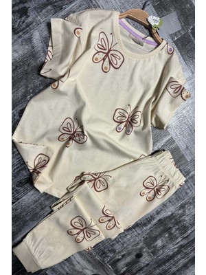 Kız Çocuk Kelebek Desenli T-Shirt Krem Pijama Takımı 8-14 Yaş