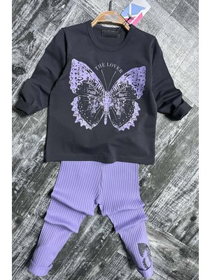 Kız Çocuk The Lover Yazı Baskılı Kazak Paçasında Kelebek Baskılı Fitilli Mor Taytlı Takım