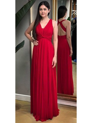 Kırmızı Kalın Askı  Sırt Dekolteli  Kloş Etekli Şiifon Tül Uzun Abiye Elbise 7645