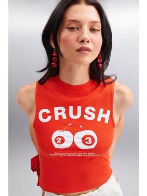 Grimelange AZURA Kadın Baskılı Kısa Kollu Crop Kırmızı T-Shirt