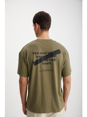 Grimelange Mark Erkek %100 Organik Pamuklu Ön Ve Arka Baskı Detaylı Kalın Dokulu Oversize Haki T-shirt