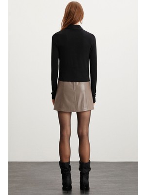 Elsıe Kadın Slim Fit Dar Kalıp Deri Görünümlü Fermuarlı Mini Vizon Etek