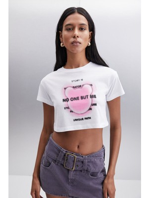 Ethiquet MORAN Kadın %100 Pamuk Beyaz - Pembe baskılı T-Shirt