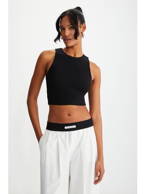 Grimelange Tızıana Kadın Organik Pamuklu Fitilli Esnek Kumaşlı Crop Siyah Bluz