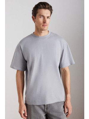 Grimelange Jett Erkek Oversize Fit %100 Organik Pamuk Kalın Dokulu Bisiklet Yakalı Gri T-shirt