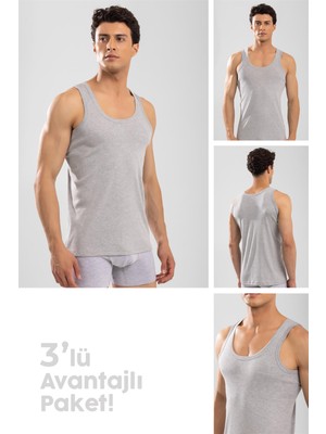 Baykar Erkek Pamuklu Slim Fit Düz Klasik Ribana Atlet 3'lü Paket Gri Melanj