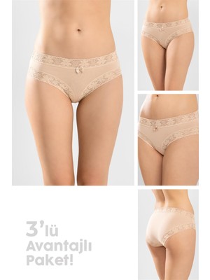 Kadın Pamuklu Dantelli Bikini Kesim Düz Külot 3'lü Paket Ten Rengi