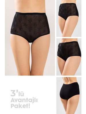 Kadın Pamuklu Dantelli Düz Bato Külot 3'lü Paket Siyah