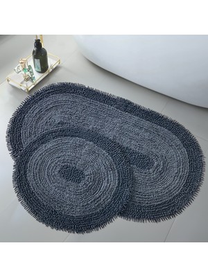 Doğal Pamuklu Spagetti Oval Antrasit 2'li Banyo Paspası Seti Banyo Halısı Klozet Takımı