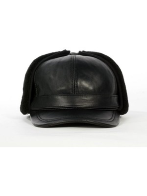 Deri Siyah Kürklü Siperli Pilot Şapka Bere