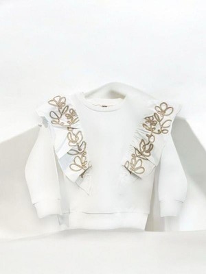 Zekids Kız Çocuk Pamuklu Orta Kalınlık Omuzları Fırfırlı ve Nakışlı Sweatshirt
