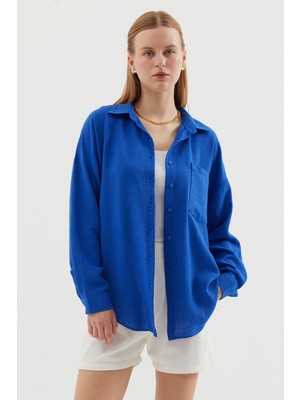 20153 Tek Cepli Oversize Keten Gömlek - C.saks