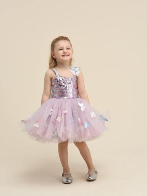 Kız Çocuk Pul Işlemeli Tül Detaylı Kelebek Tasarımlı Abiye Elbise