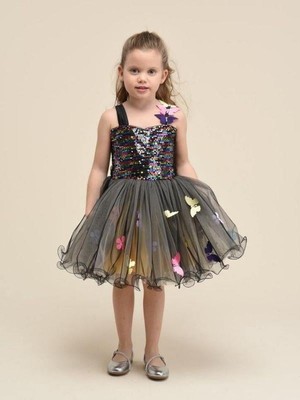 Kız Çocuk Pul Işlemeli Tül Detaylı Kelebek Tasarımlı Abiye Elbise