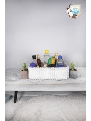 %100 Pamuk Beyaz Kadife Dikdörtgen Sepet 30X21X8