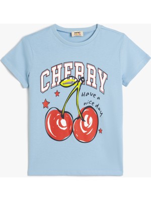 Koton Kız Çocuk Pamuklu Kiraz Baskılı Kısa Kollu Bisiklet Yaka Tişört Günlük Stil Mavi
