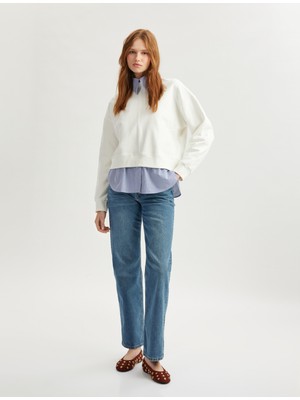 Koton İki Farklı Kumaş Kullanımlı Uzun Kollu Pamuklu Gömlek Yaka Sweatshirt