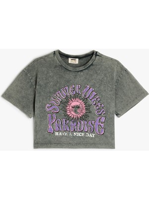 Koton Baskılı Bisiklet Yaka Kısa Kollu Crop Tişört