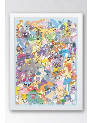Pokemon Çerçeveli Tablo - Tüm Pokemonlar Çizgi Film Posteri Tablo