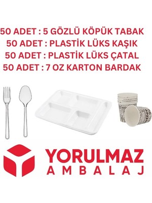 50 Adet Kullan At Toplu Yemek Seti 5 Gözlü Köpük Tabak, Çatal, Kaşık, Karton Bardak