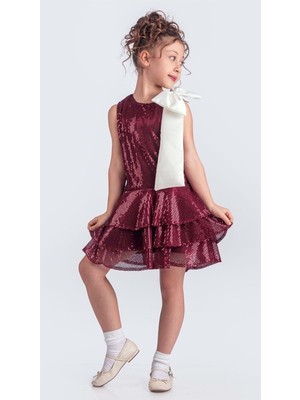 Mnk Baby & Kids Yaka Fiyonk Pul Payet Kumaşlı Kız Çocuk Abiye Elbise M00702