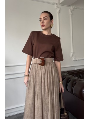 Magarde Omuz Vatkalı Premium Tshirt- Kahverengi