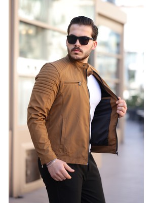 Erkek Taba Su ve Rüzgar Geçirmez Slim Fit Astarlı Mevsimlik Mont
