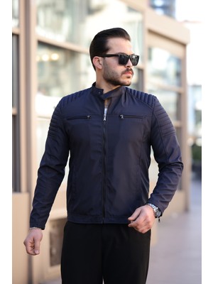Erkek Lacivert Su ve Rüzgar Geçirmez Slim Fit Astarlı Mevsimlik Mont