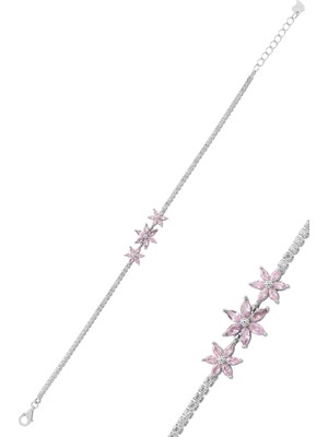 Söğütlü Silver Gümüş Rodyumlu Markiz Kesim Pembe Taşlı Lotus Çiçekler Su Yolu Bileklik SGTL12761 Pembe