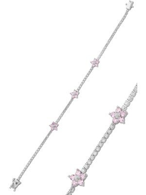 Söğütlü Silver Gümüş Rodyumlu Zirkon Taşlı Pembe Çiçekler Su Yolu Bileklik SGTL12763 Pembe