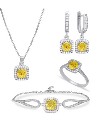 Silveranka 925 Ayar Gümüş Kare Sitrin Taşlı Takı Seti