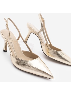 Marjin Kadın Stiletto Yanları Açık Bantlı Sivri Burun Klasik Topuklu Ayakkabı Suder Altın