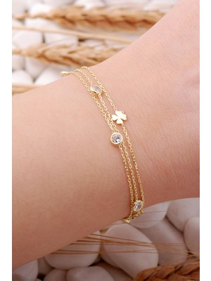 Sümer Telkari Yonca Altın Yaldızlı Taşlı Gümüş Bileklik 3914