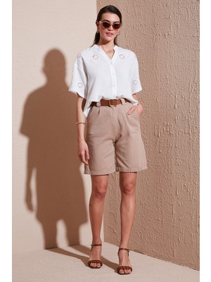 Lela Pamuklu Relaxed Fit Yüksel Bel Kemerli Gabardin Short Bayan Şort 668YP4710