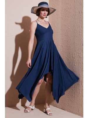 Lela Asimetrik Kesim Regular Fit Midi Boy Askılı V Yaka Elbise Bayan Elbise 5866131
